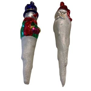 Lot of 2 Vintage Blown Glass Icicle Christmas Tree Ornaments Santa Claus Snowman